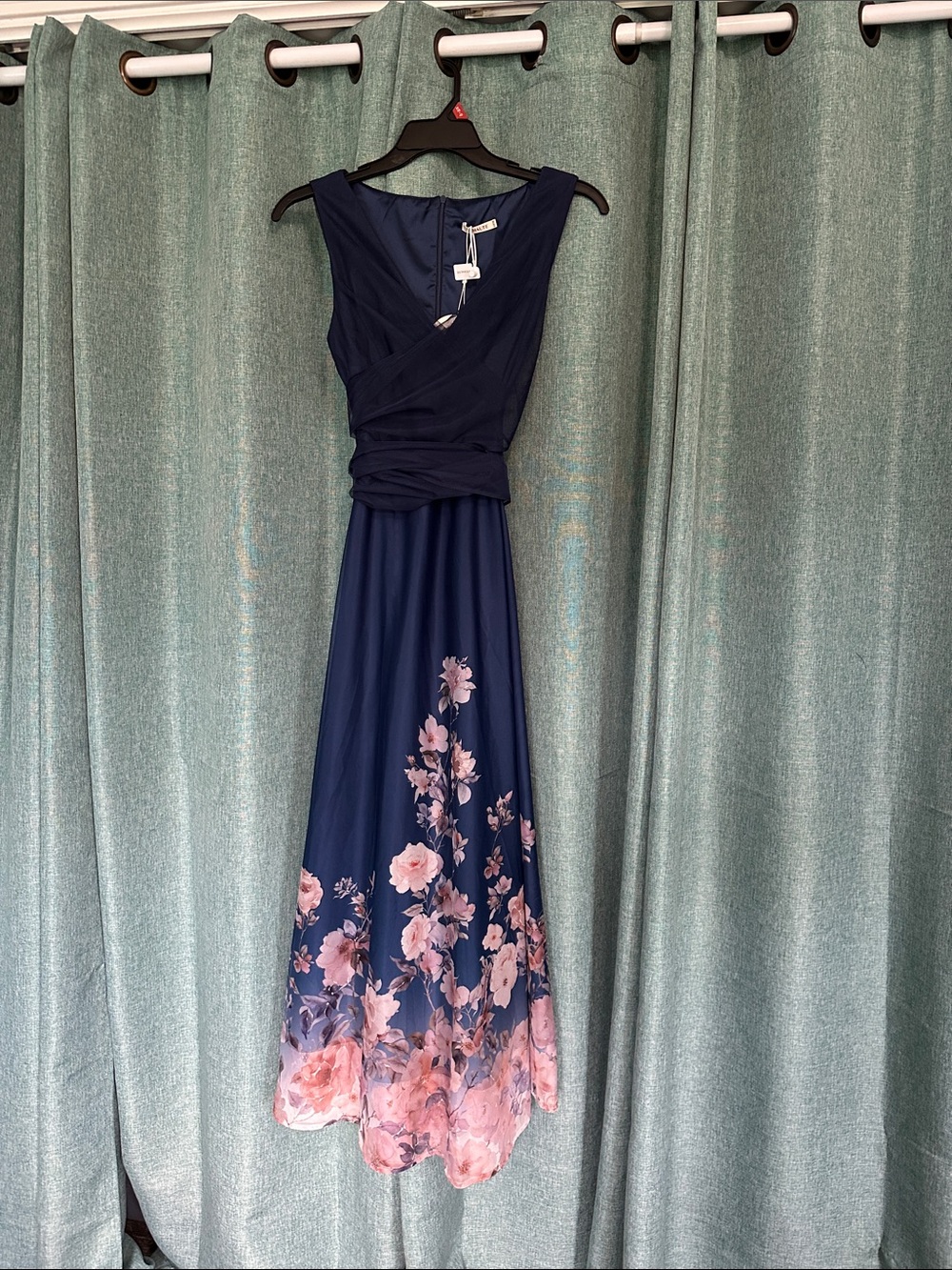 Navy & Pink Floral Maxi Dress with Ruched Waist